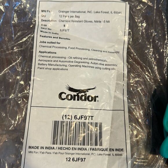 Condor Chemical Resistant Rubber Gloves 10 Pairs Size 8 - Picture 3 of 3